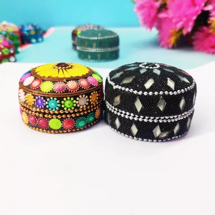 Multicolor metal sindur dani / kumkum box(Set of 2) - 4 cm