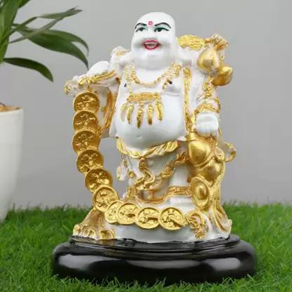 Laughing Buddha Showpiece for Home Decor (White & Golden) Marble – 8 Inch