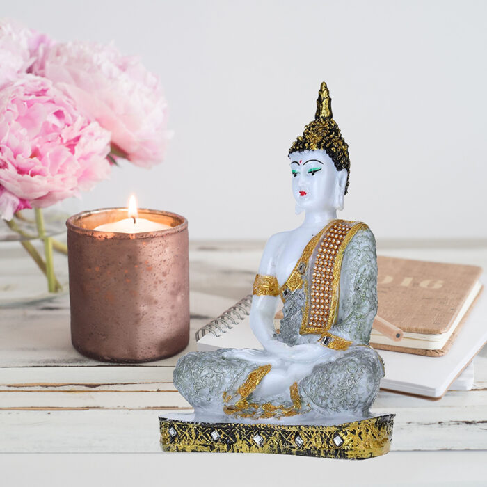 Meditation Buddha Showpiece for Home Decor (Grey & White) Marble – 9.5 Inch