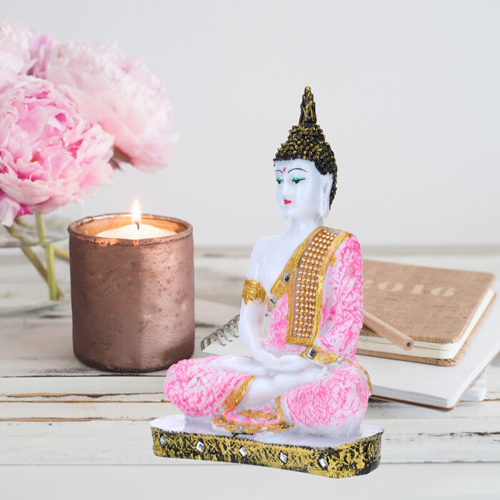 Meditation Buddha Showpiece for Home Decor (Pink & White) Marble – 9.5 Inch