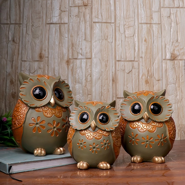 Handcrafted Brown & Green Owl Figurine Set – with Three Different Sizes
