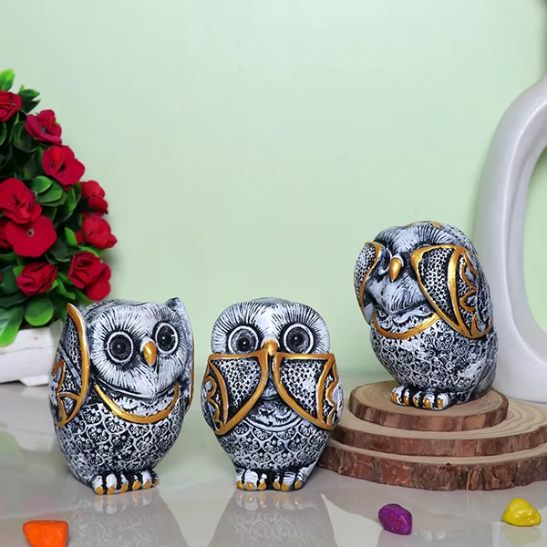 Three Wise Owls Statue Set | Hear No Evil, See No Evil, Speak No Evil | Decorative Polyresin Showpiece | 11 cm (H)