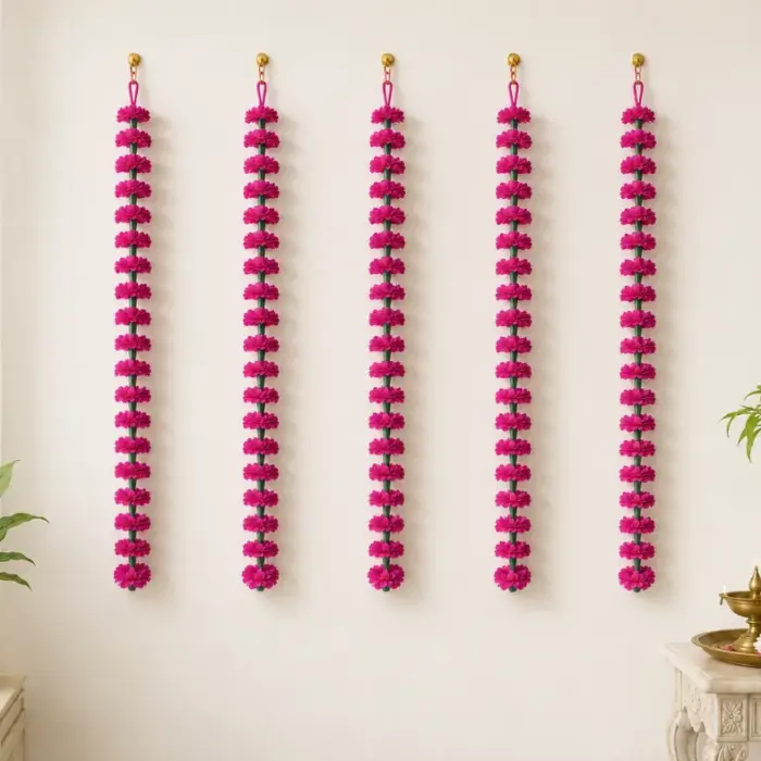 Artificial Pink Flower Garland 4.5 Feet (Set of 5) Hanging on White Wall for Home Entrance, Wedding & Pooja Decoration