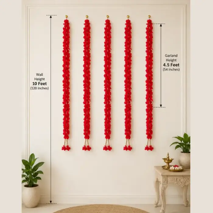 Artificial Red Flower Garland 4.5 Feet with Golden Bead Tassels Hanging on Off-White Wall for Door, Wedding & Pooja Decoration