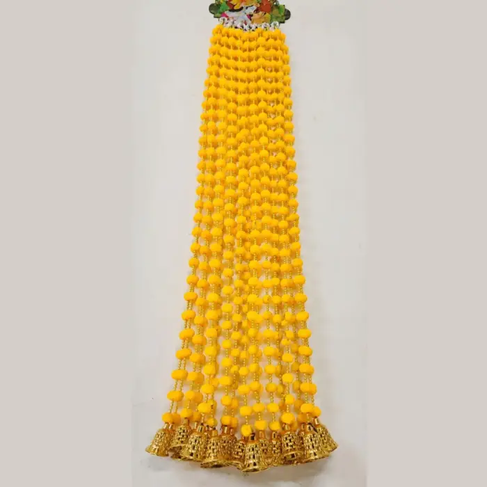 Handmade Yellow Pom Pom Bell Door Hanging Toran with Golden Beads for Main Door, Pooja Room & Festive Home Decoration