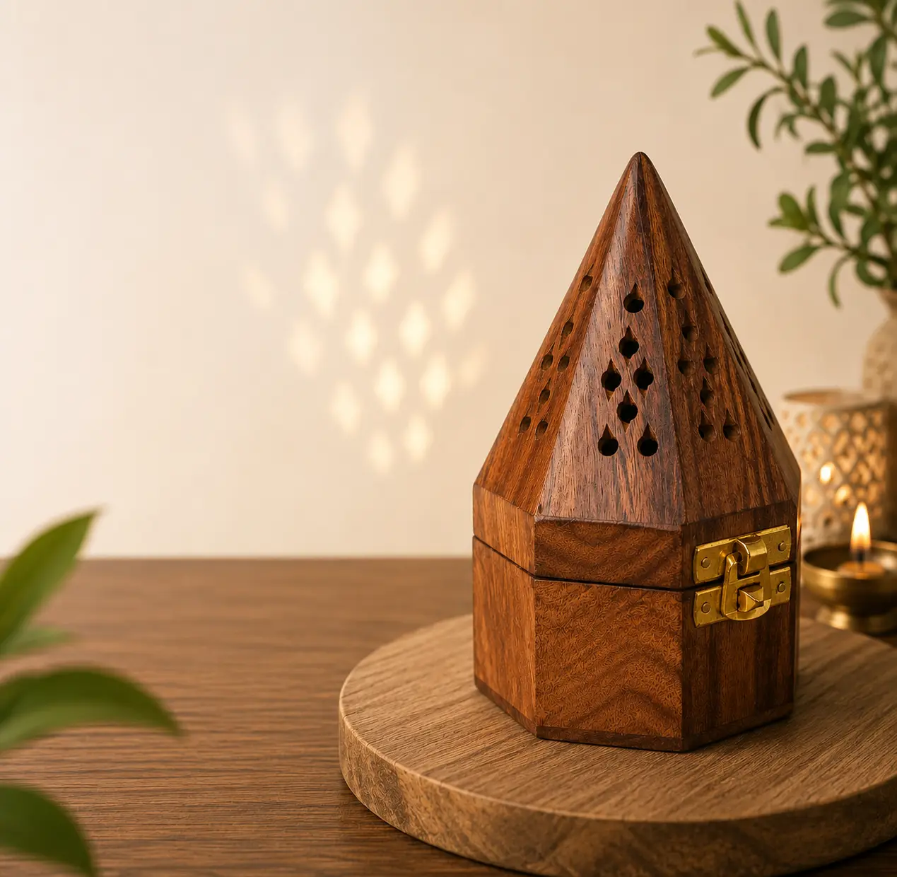 Handcrafted wooden incense cone burner box with carved pyramid lid and brass latch displayed on a wooden pedestal against a warm beige background for home, meditation, and pooja décor.