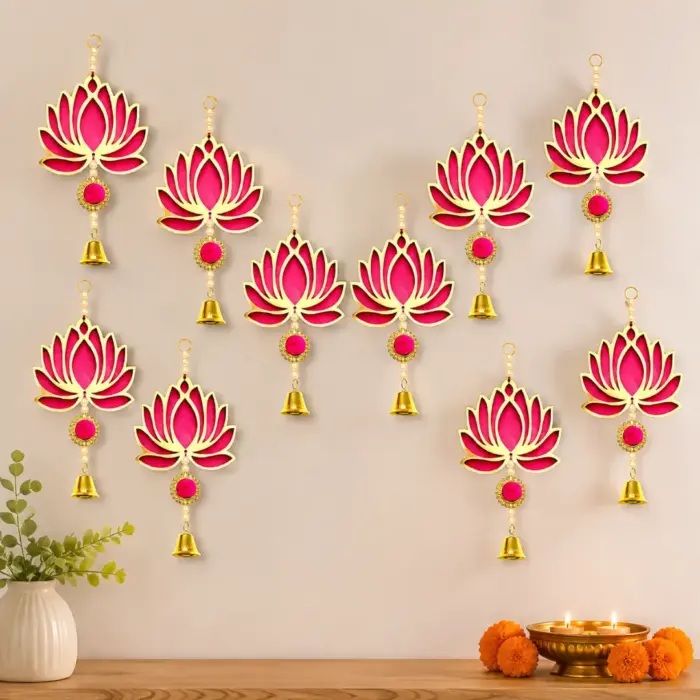 Handmade Lotus Hanging for Home Decoration with Jhumki – Pink Set of 6