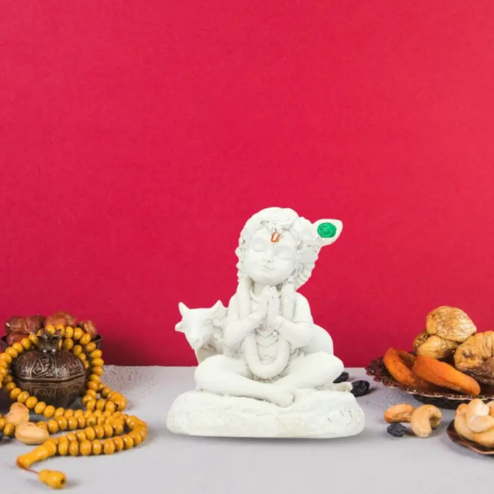 Baal Krishna with cow white resin showpiece