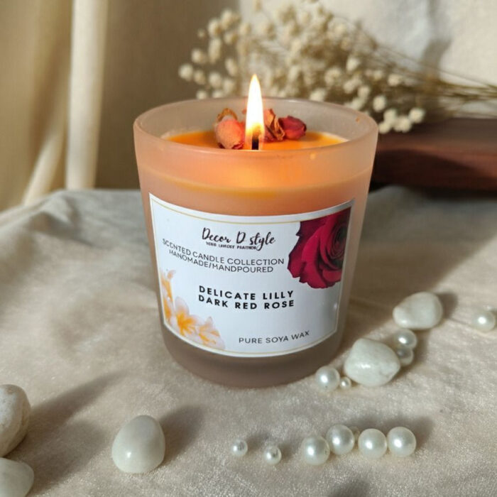 Hand Made Frosted Jar candle with Delicate Lilly &Dark Red Rose Aroma Candle