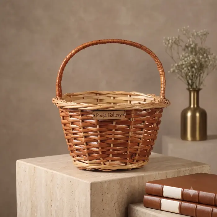 Handwoven round wicker basket with a sturdy handle and a wooden tag reading "Pooja Gallery", displayed on a textured stone pedestal.