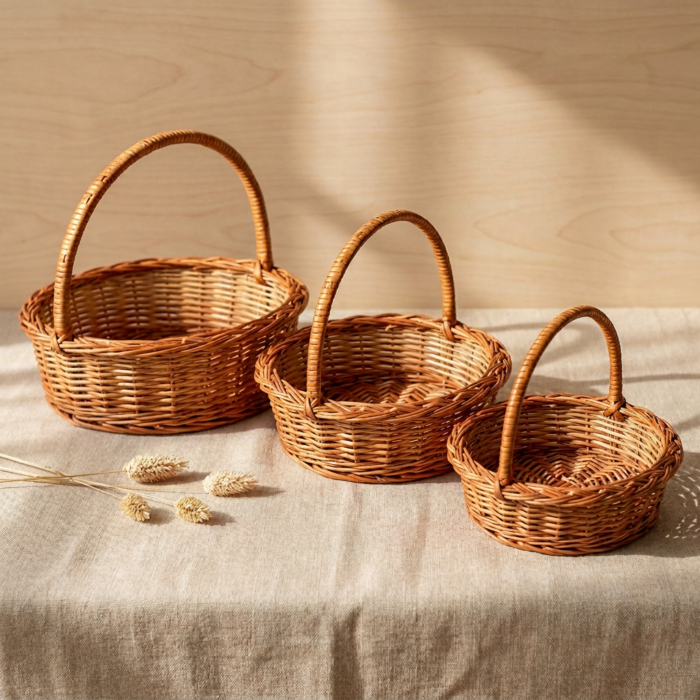 Handmade cane pooja basket set of 3 made from natural bamboo for flowers, prasad, temple and festive decoration
