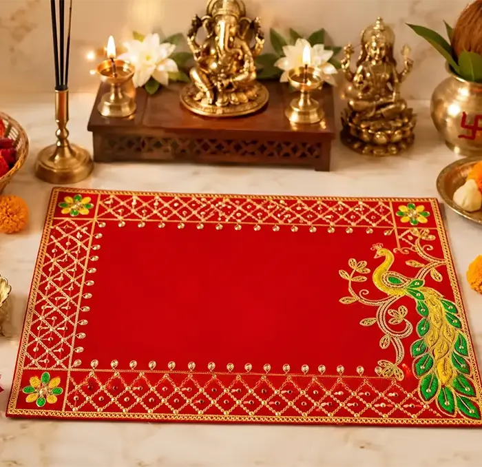 Traditional wooden Pooja Aasan for home temple, daily Hindu worship, meditation, and festival pooja setup