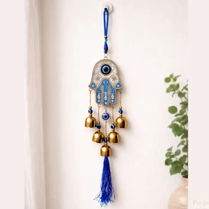 Metal Blue Evil Eye Nazar Battu With Big Size Hamsa 5 bells