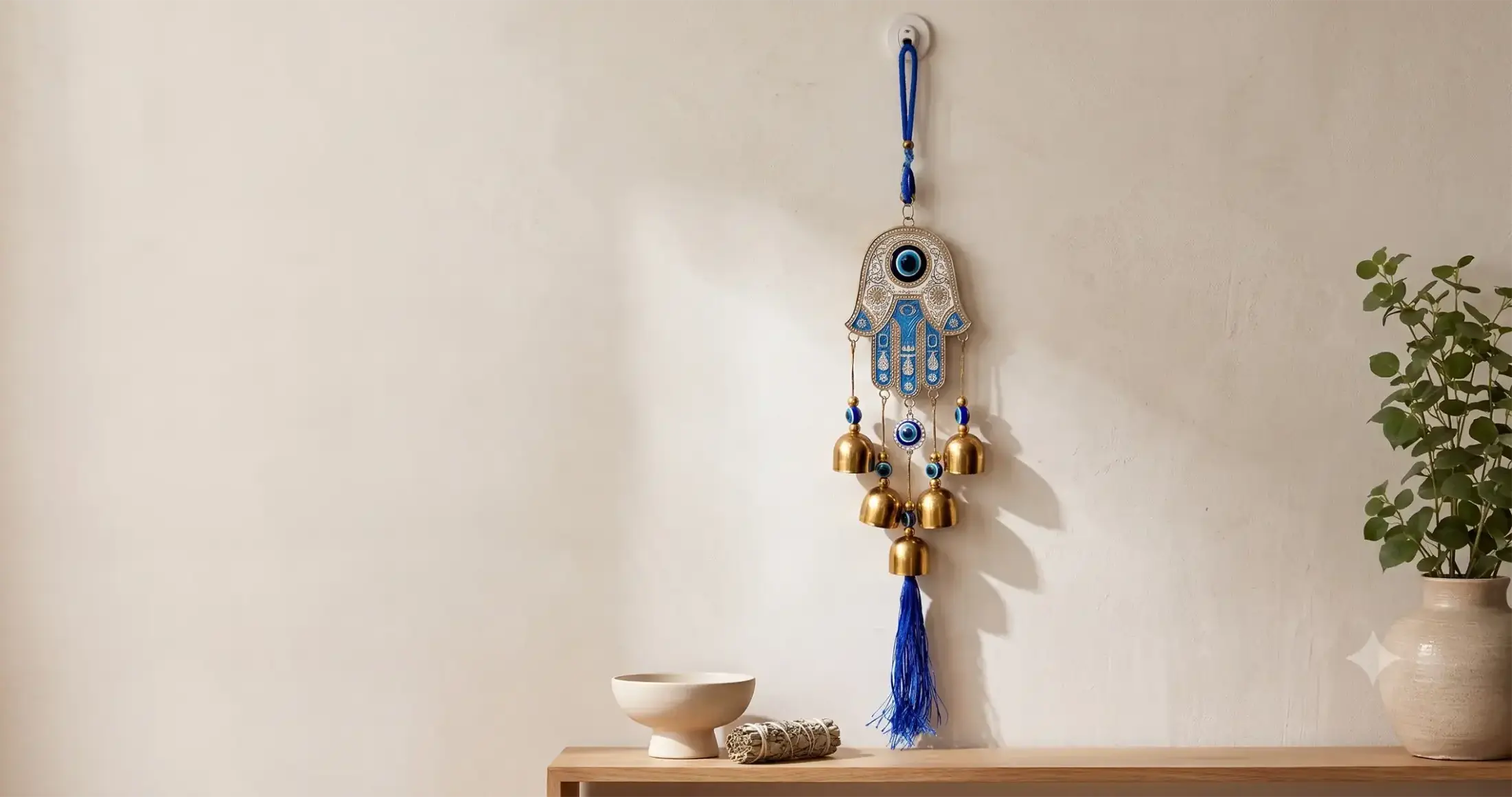 Hamsa hand and Evil Eye metal wall hanging with golden bells and a blue tassel, displayed in a minimalist, serene home interior.