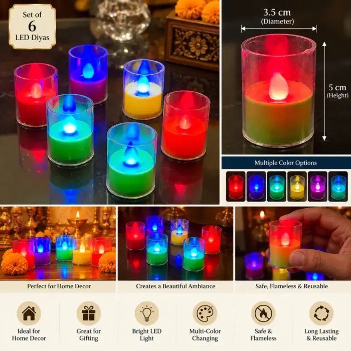 Colorful LED Diya Set of 6 – Flameless Multicolor Decorative Lights