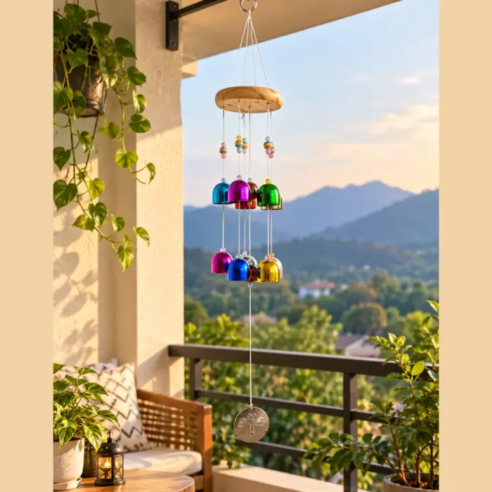 Colorful dragonfly wind chime with wooden top and metallic bells 20x4 inch