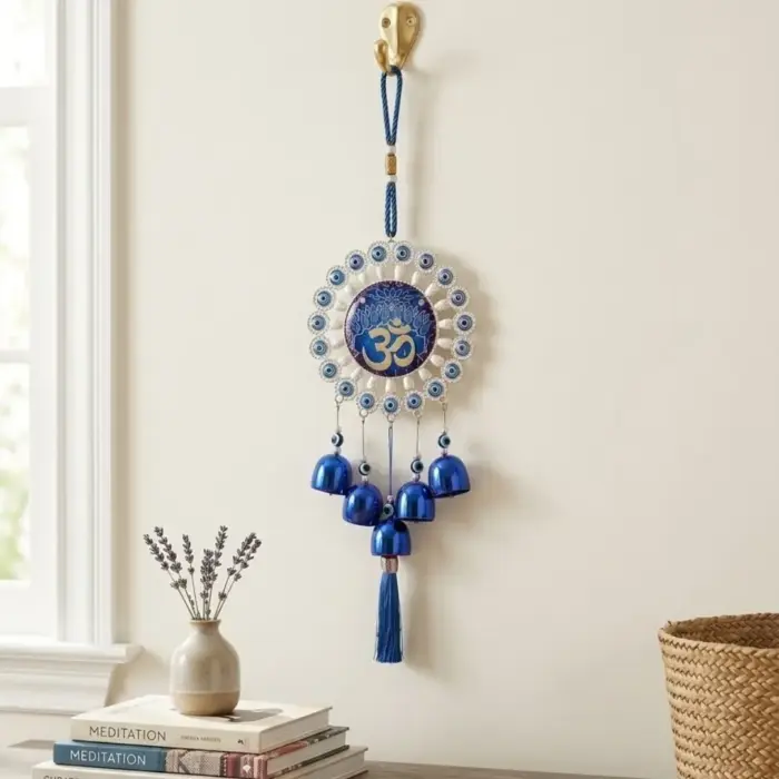 Om & Evil Eye Wind Chime Wall Hanging 16×5 Inch Blue